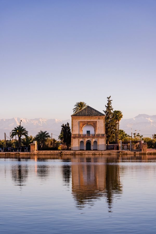 Menara Gardens and Atlas Mountains in Marrakech,Morocco.